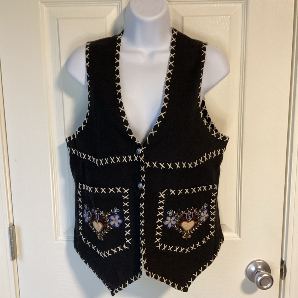 Black embroidered heart vest with a touch of whimsy by At Last& Company- small